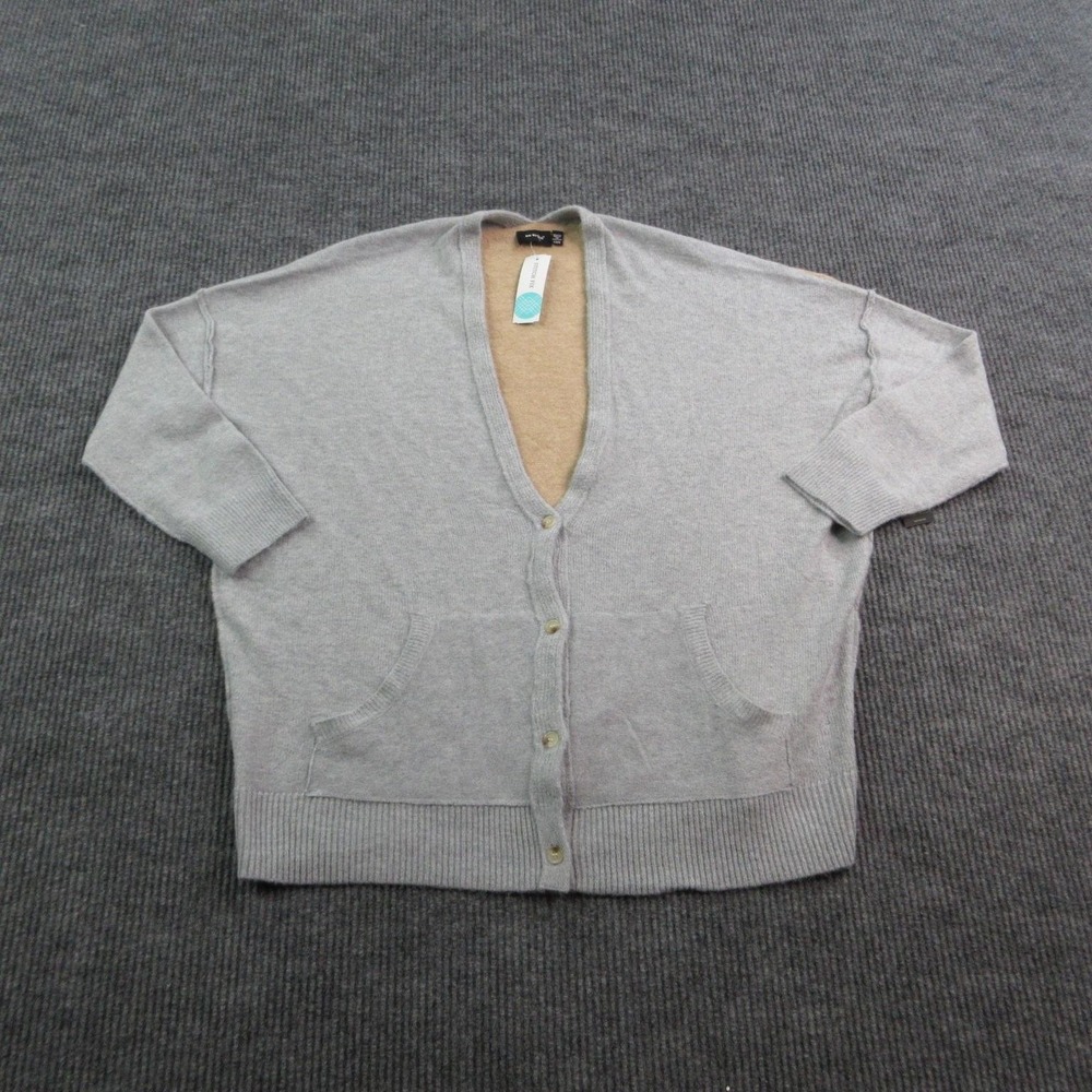 RD Style Cardigan Womens L Gray Beige Color Block V-Neck Pockets Button NWT